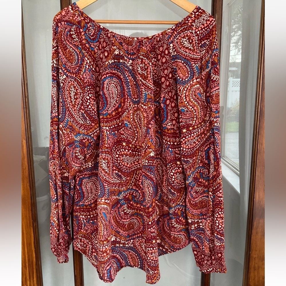 Knox Rose Red Paisley Tunic Top Size XL Long Sleeve Smocked Boho Peasant Prairie - Picture 2 of 6